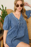 Pleated Front Tie Puff Sleeve Denim Mini Dress - Blush & Cactus