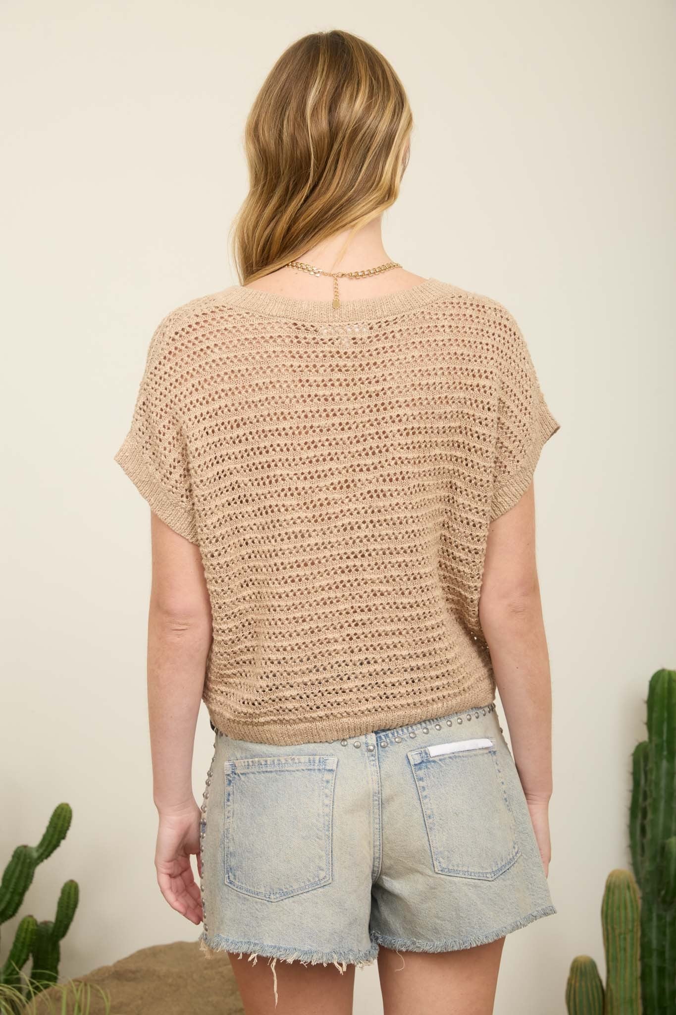 Lace Up Neckline Crochet Knit Short Sleeve Top - Blush & Cactus
