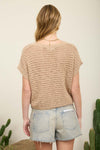 Lace Up Neckline Crochet Knit Short Sleeve Top - Blush & Cactus