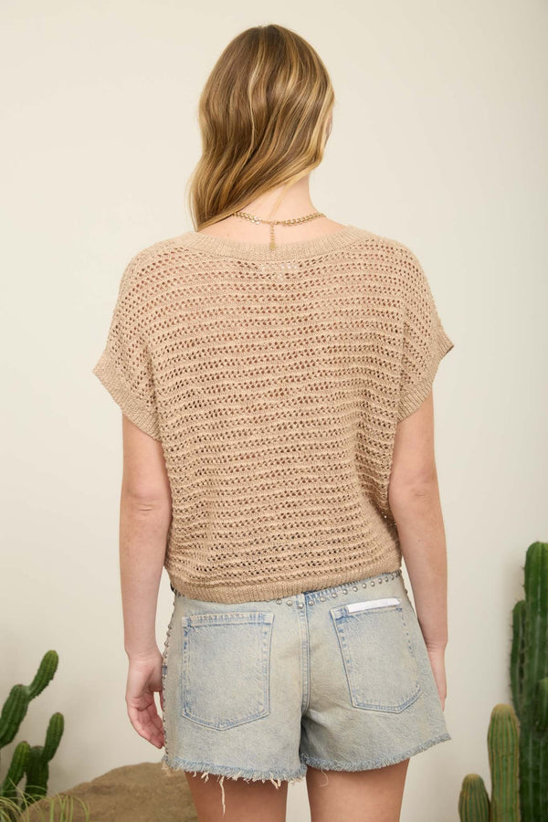 Lace Up Neckline Crochet Knit Short Sleeve Top - Blush & Cactus