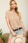 Lace Up Neckline Crochet Knit Short Sleeve Top - Blush & Cactus