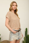 Lace Up Neckline Crochet Knit Short Sleeve Top - Blush & Cactus