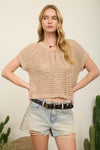 Lace Up Neckline Crochet Knit Short Sleeve Top - Blush & Cactus