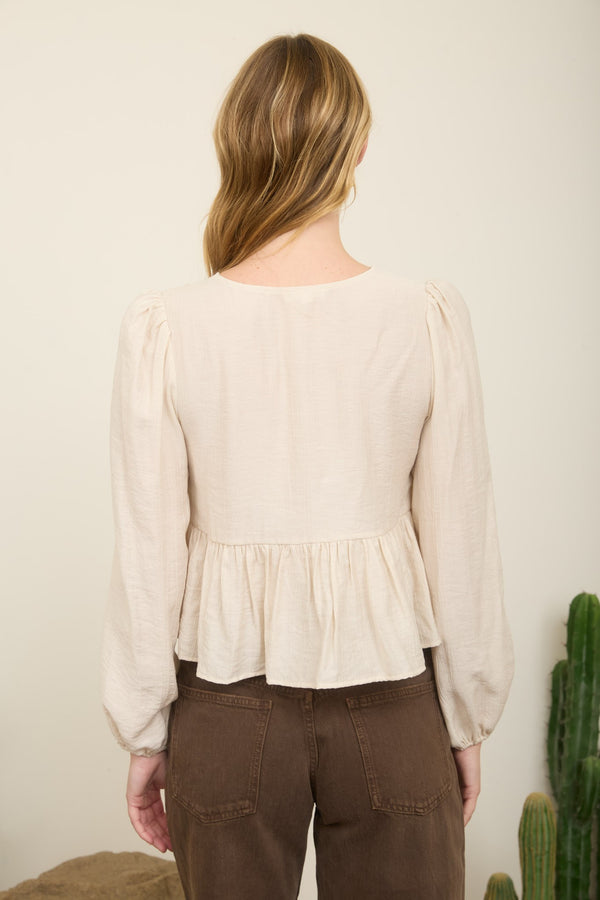 Floral Eyelet Embroidery Front Tie Long Sleeve Top - Blush & Cactus