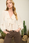 Floral Eyelet Embroidery Front Tie Long Sleeve Top - Blush & Cactus