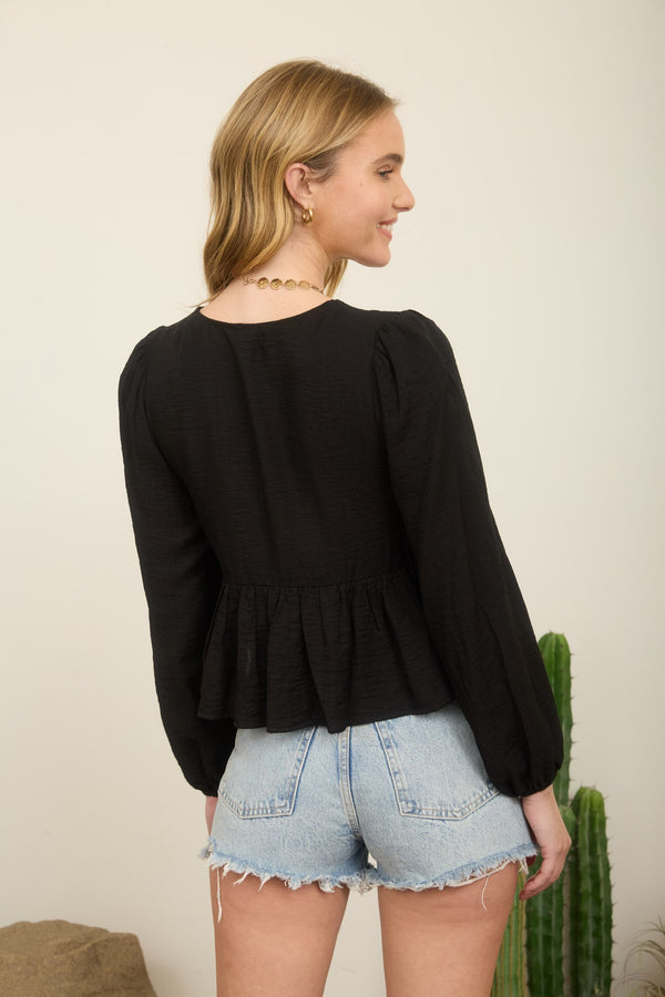 Floral Eyelet Embroidery Front Tie Long Sleeve Top - Blush & Cactus