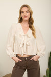 Floral Eyelet Embroidery Front Tie Long Sleeve Top - Blush & Cactus