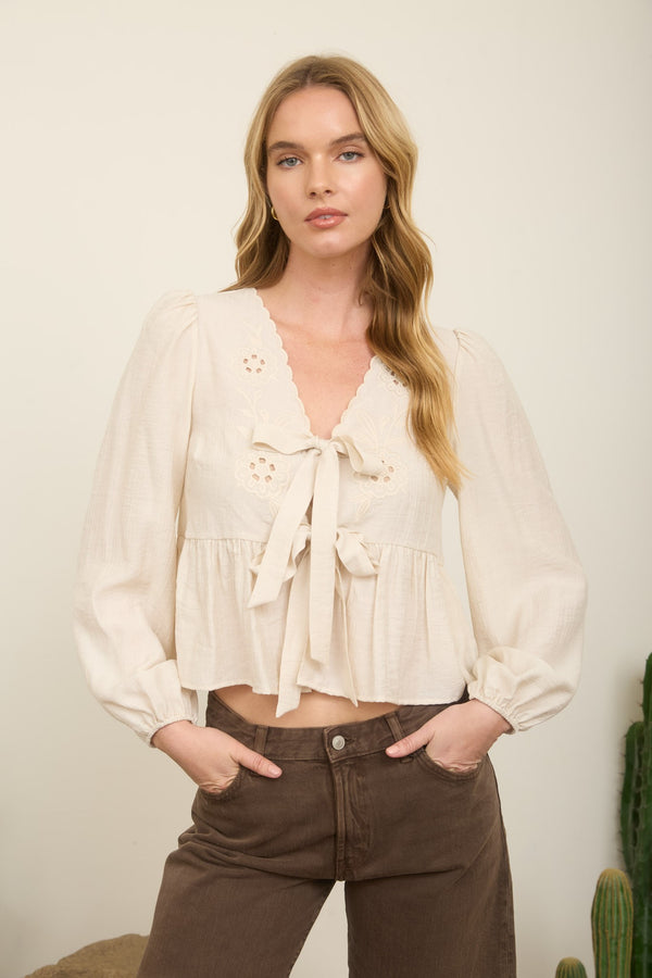 Floral Eyelet Embroidery Front Tie Long Sleeve Top - Blush & Cactus