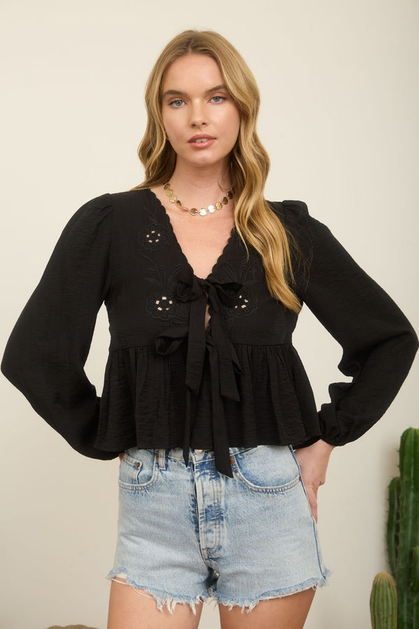 Floral Eyelet Embroidery Front Tie Long Sleeve Top - Blush & Cactus