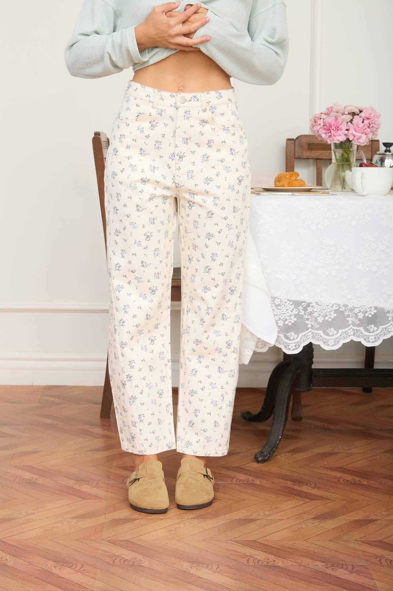 Floral Ecru Denim Pattern Jeans - Blush & Cactus