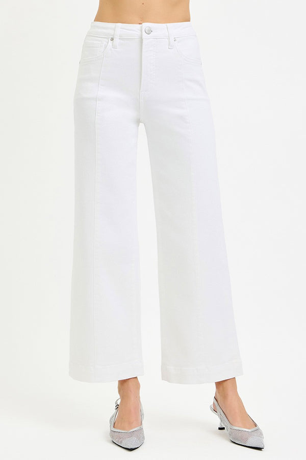 Risen Tummy Control High Rise Crop Wide Jeans- WHITE
