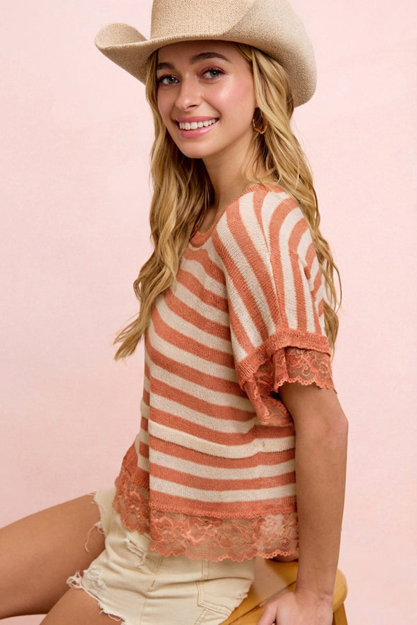 Striped Contrast Lace Detail Lightweight Knit Top