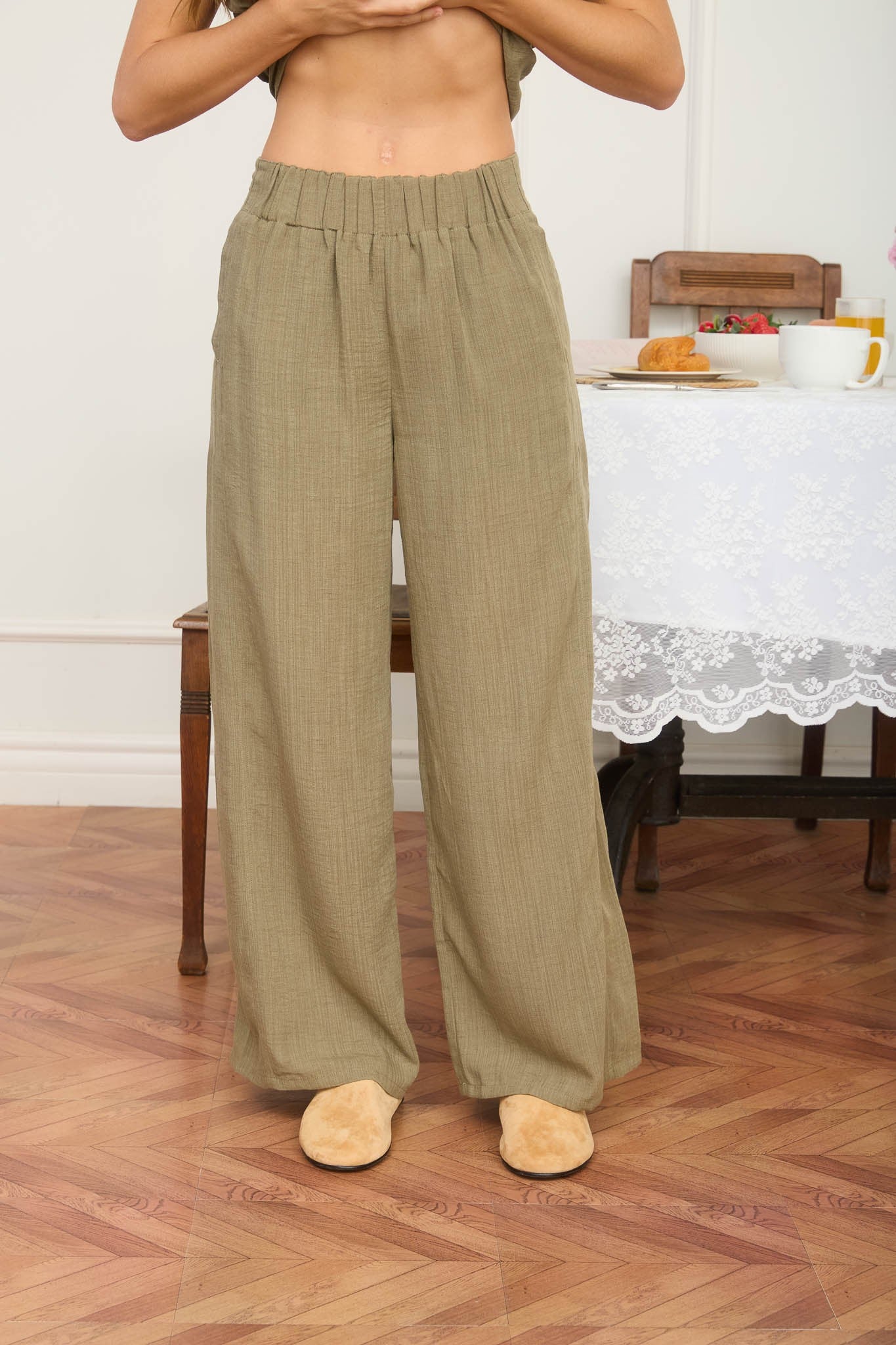 High Elastic Waist Wide Leg Lounge Pants - Blush & Cactus