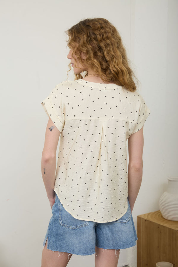 Polka Dot Lace Trim Half Button Short Sleeve Top - Blush & Cactus