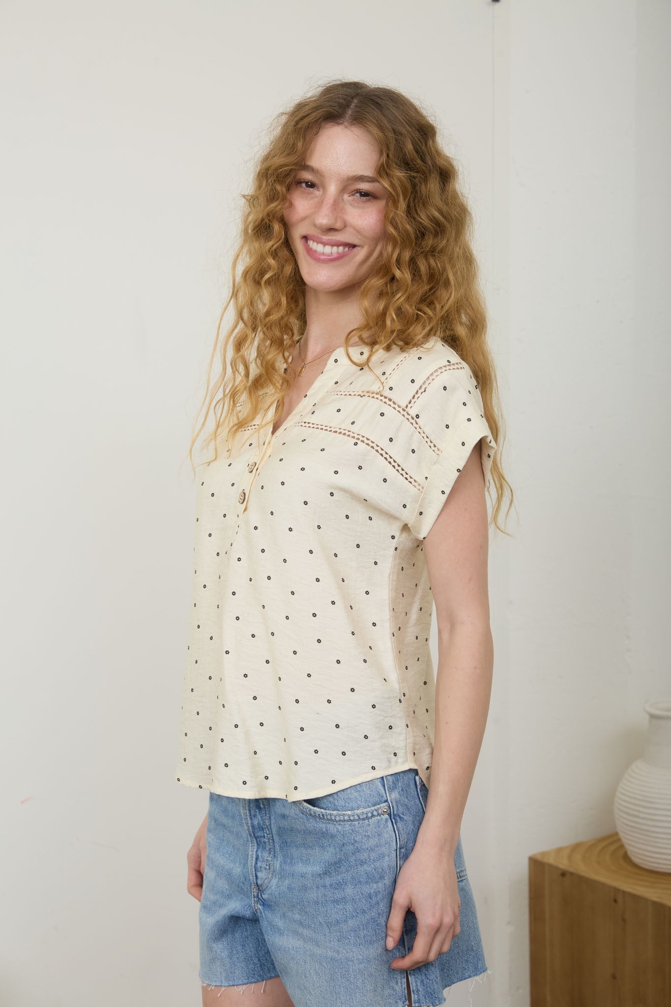 Polka Dot Lace Trim Half Button Short Sleeve Top - Blush & Cactus