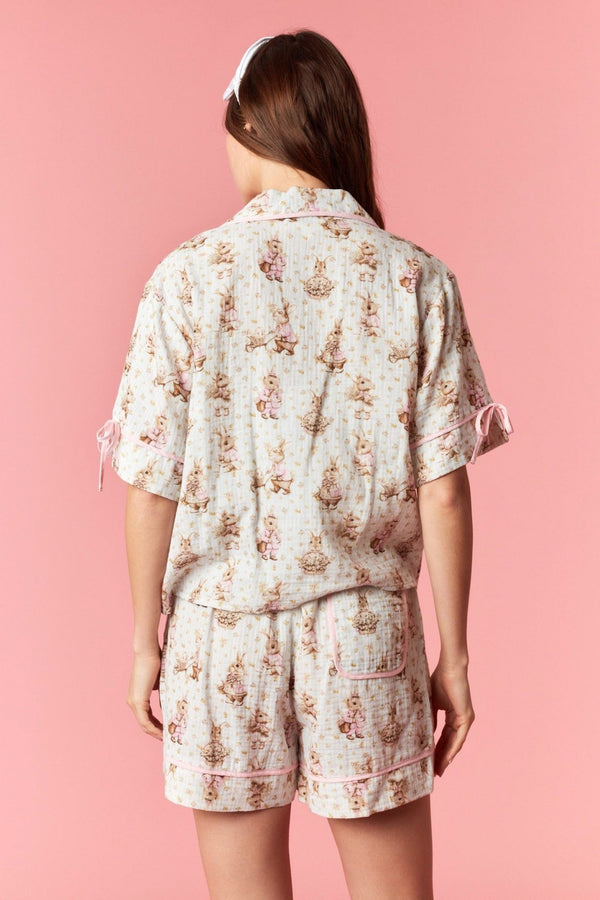 Bunny Print Gauze Piped Bow Pajama Set - Blush & Cactus
