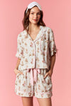 Bunny Print Gauze Piped Bow Pajama Set - Blush & Cactus