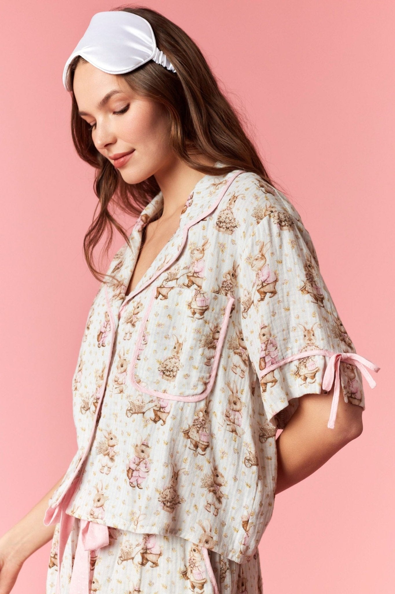 Bunny Print Gauze Piped Bow Pajama Set - Blush & Cactus