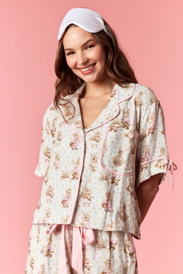 Bunny Print Gauze Piped Bow Pajama Set - Blush & Cactus