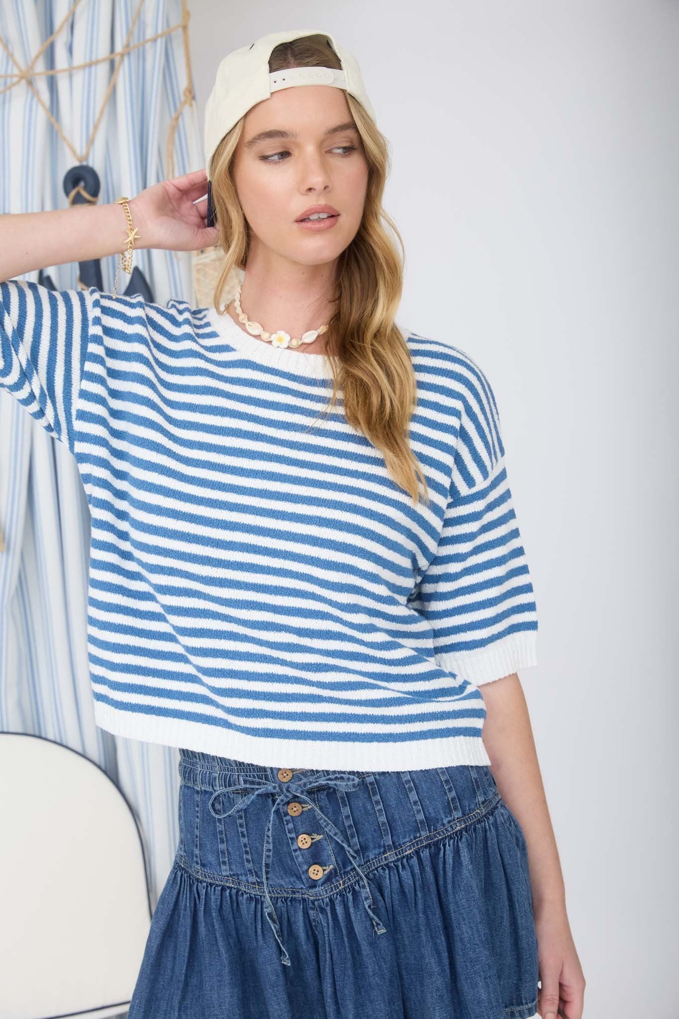 Stripe Contrast Trim Short Sleeve Knit Sweater - Blush & Cactus
