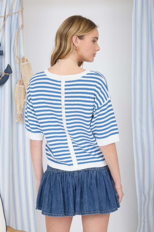 Stripe Contrast Trim Short Sleeve Knit Sweater - Blush & Cactus
