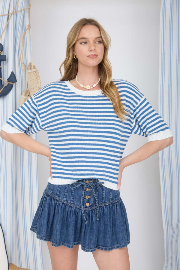 Stripe Contrast Trim Short Sleeve Knit Sweater - Blush & Cactus