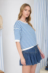 Stripe Contrast Trim Short Sleeve Knit Sweater - Blush & Cactus