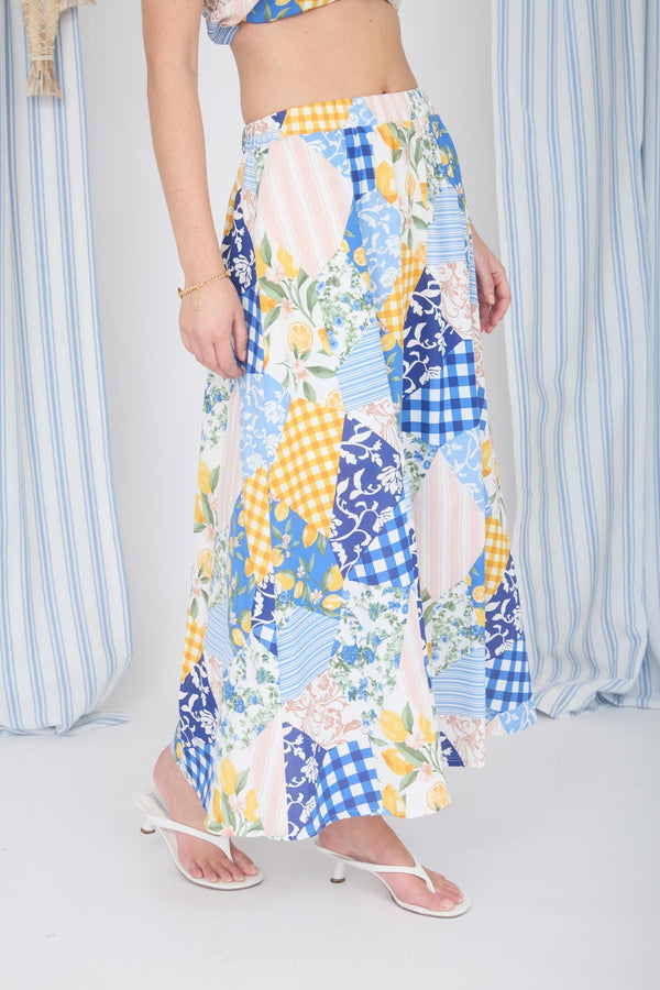 Multi - pattern High Waist Maxi Skirt & sleveless boxy crop top Set - Blush & Cactus
