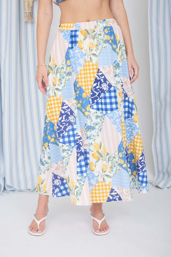 Multi - pattern High Waist Maxi Skirt & sleveless boxy crop top Set - Blush & Cactus