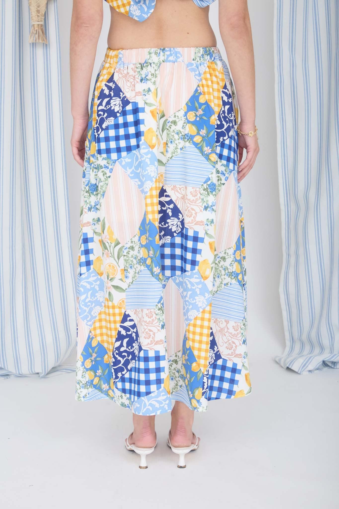 Multi - pattern High Waist Maxi Skirt & sleveless boxy crop top Set - Blush & Cactus