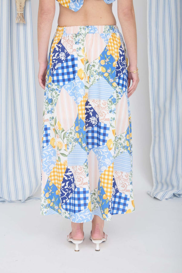 Multi - pattern High Waist Maxi Skirt & sleveless boxy crop top Set - Blush & Cactus