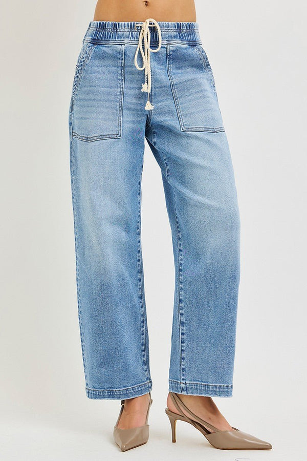 Risen Elastic Band Slouchy Cropped Baggy Patch Pockets - Blush & Cactus