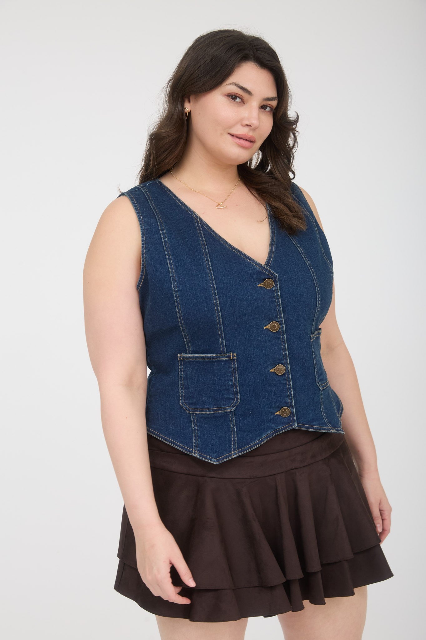 V Neck Sleeveless Button Down Denim Vest