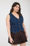 V Neck Sleeveless Button Down Denim Vest