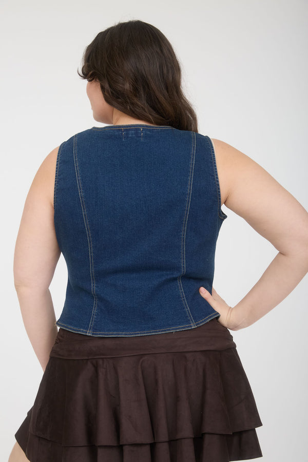 V Neck Sleeveless Button Down Denim Vest