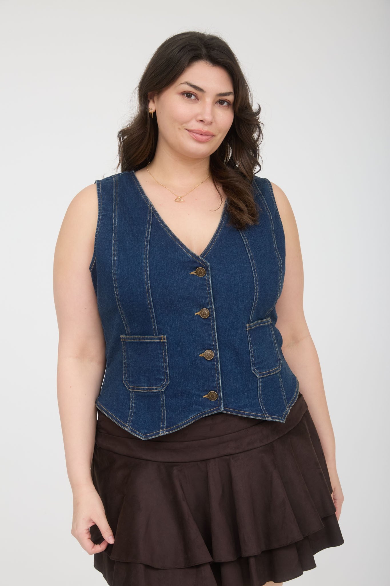 V Neck Sleeveless Button Down Denim Vest