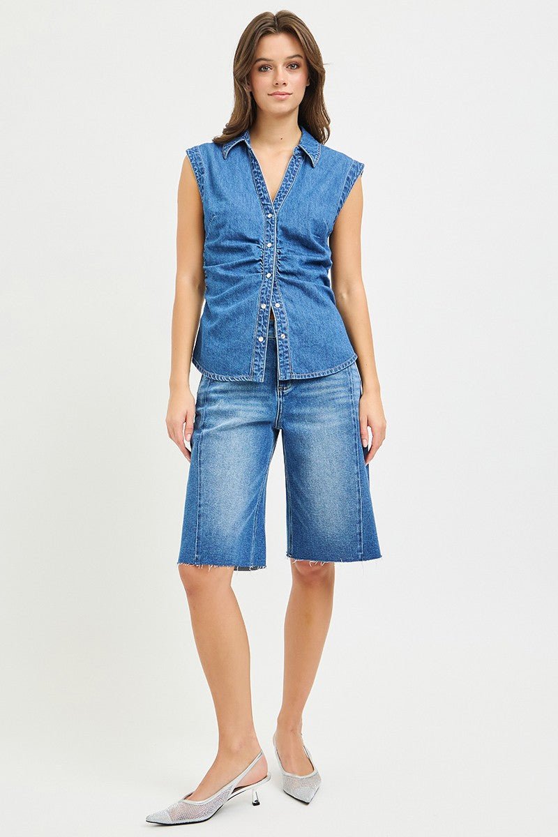 Risen Sleeveless V Neck Shirt With Waist Shirring - Blush & Cactus