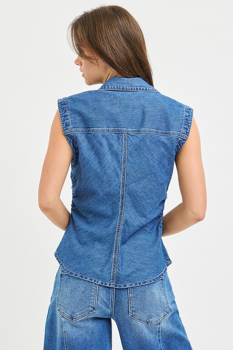 Risen Sleeveless V Neck Shirt With Waist Shirring - Blush & Cactus