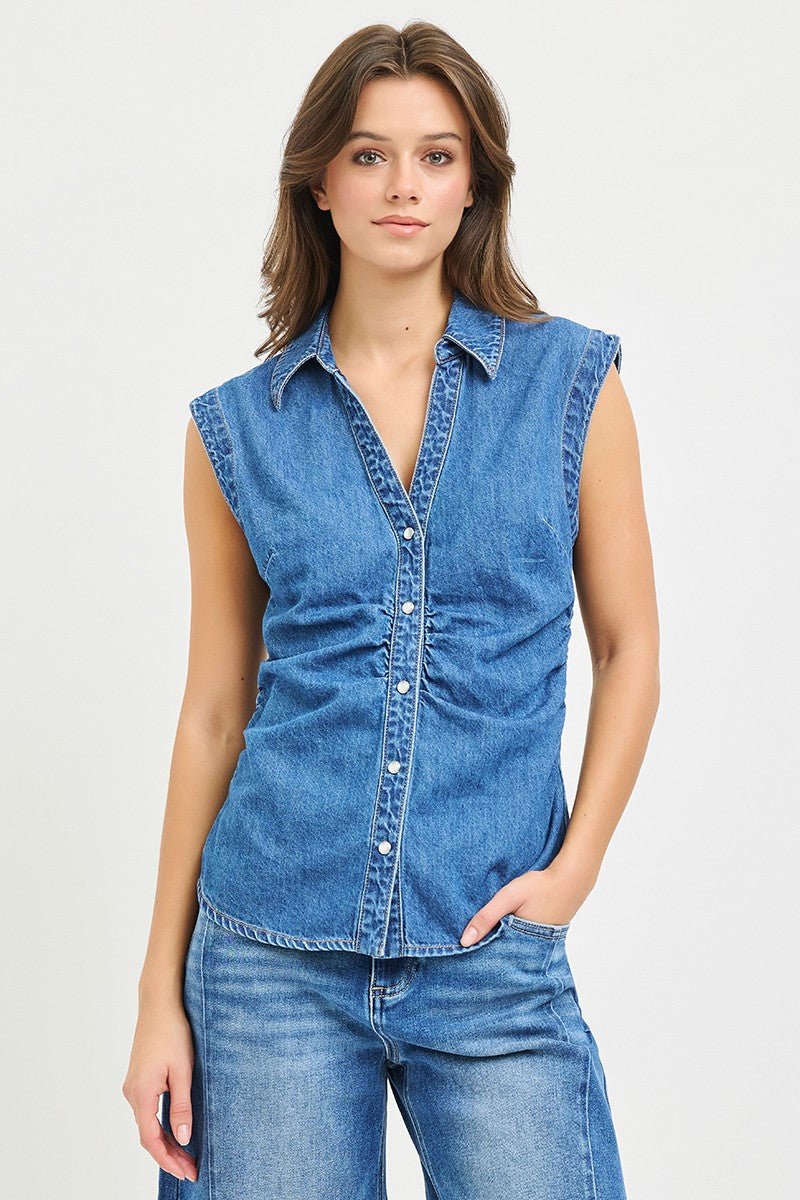 Risen Sleeveless V Neck Shirt With Waist Shirring - Blush & Cactus