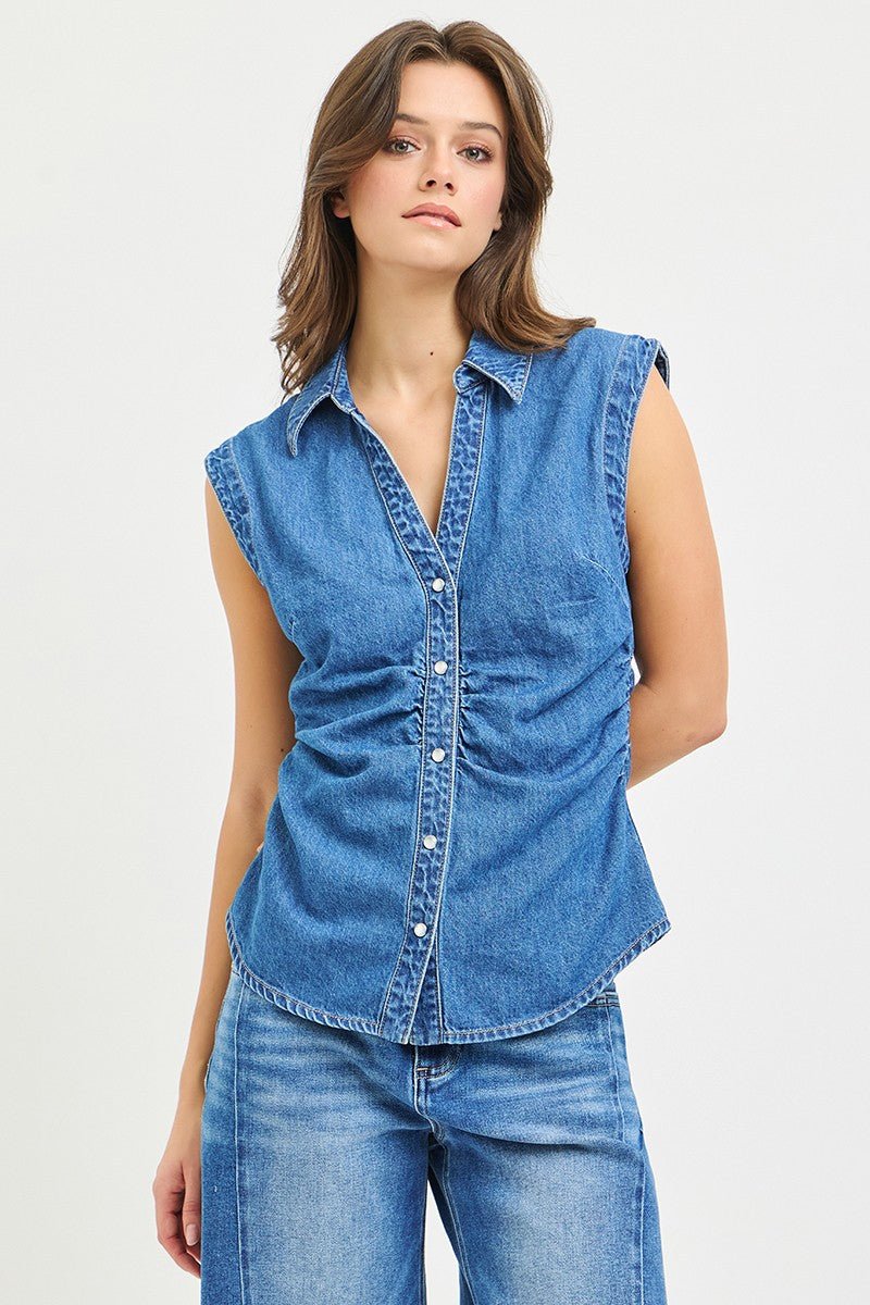 Risen Sleeveless V Neck Shirt With Waist Shirring - Blush & Cactus