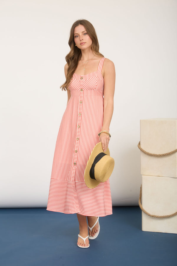 Stripe Sweetheart Buttondown Sleeveless Midi Dress - Blush & Cactus