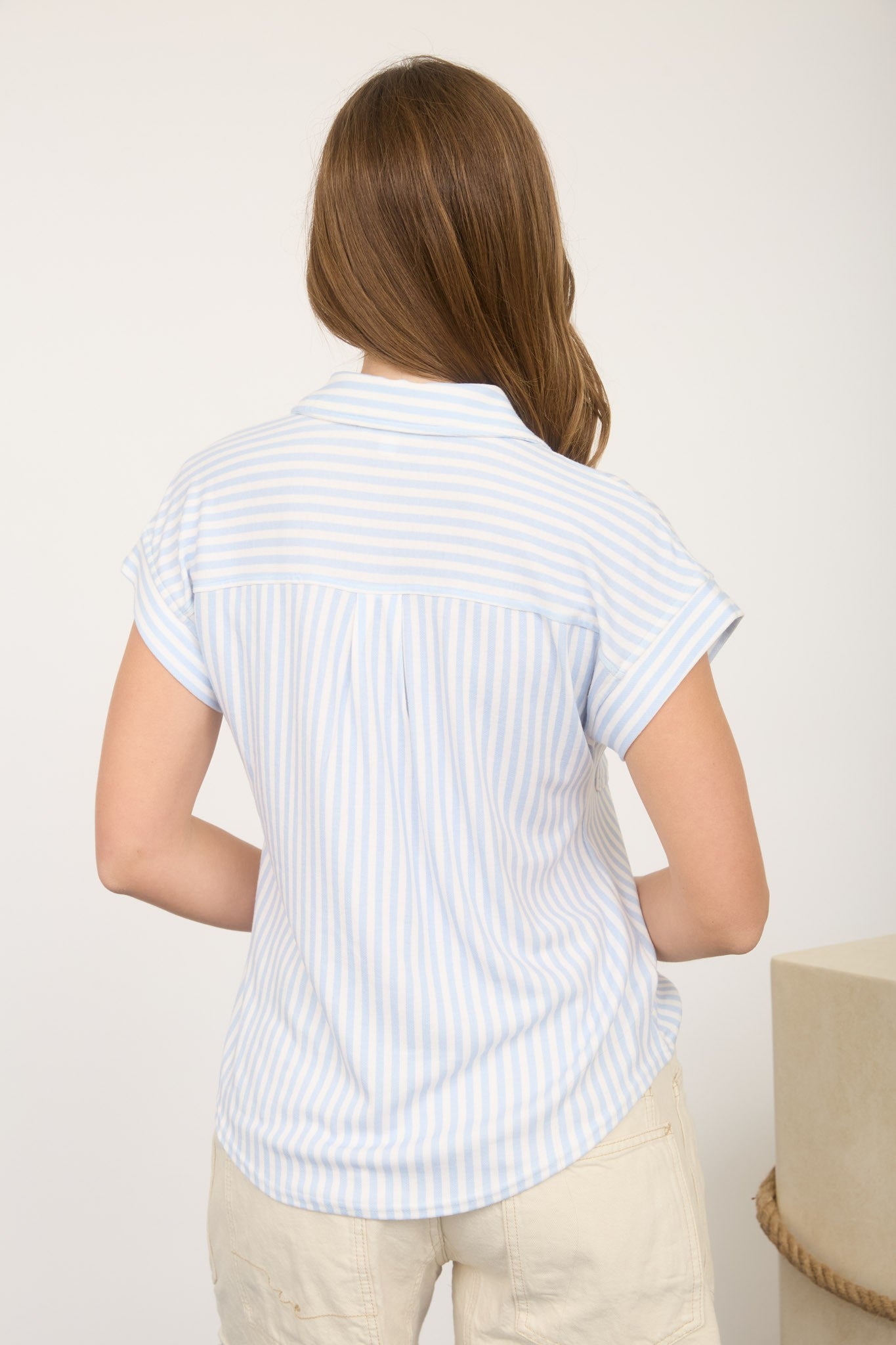Stripe Collared Short Sleeve Button Down Top - Blush & Cactus