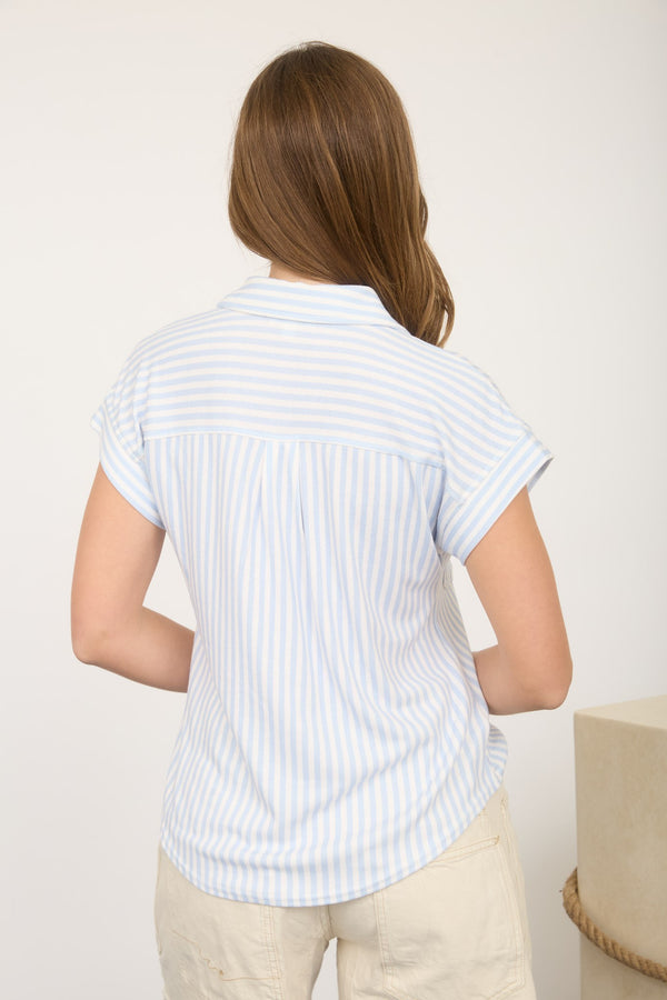 Stripe Collared Short Sleeve Button Down Top - Blush & Cactus