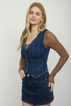 V Neck Sleeveless Button Down Denim Vest - Blush & Cactus
