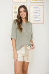 Washed Crew Neck Raw Edge Short Sleeve Sweater - Blush & Cactus