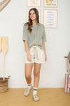 Washed Crew Neck Raw Edge Short Sleeve Sweater - Blush & Cactus
