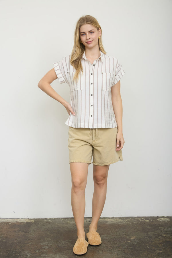 Stripe Collared Snap Button Short Sleeve Top - Blush & Cactus