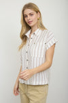Stripe Collared Snap Button Short Sleeve Top - Blush & Cactus