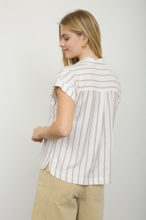 Stripe Collared Snap Button Short Sleeve Top - Blush & Cactus