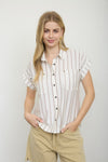 Stripe Collared Snap Button Short Sleeve Top - Blush & Cactus